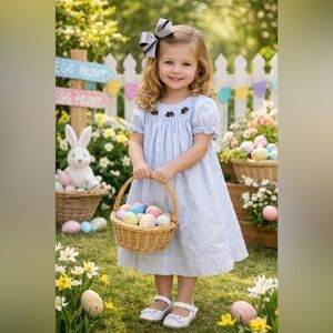 4T - BOW PEEP - Vintage Light Blue Girls Easter Dress with Puff Sleeves & Bow
